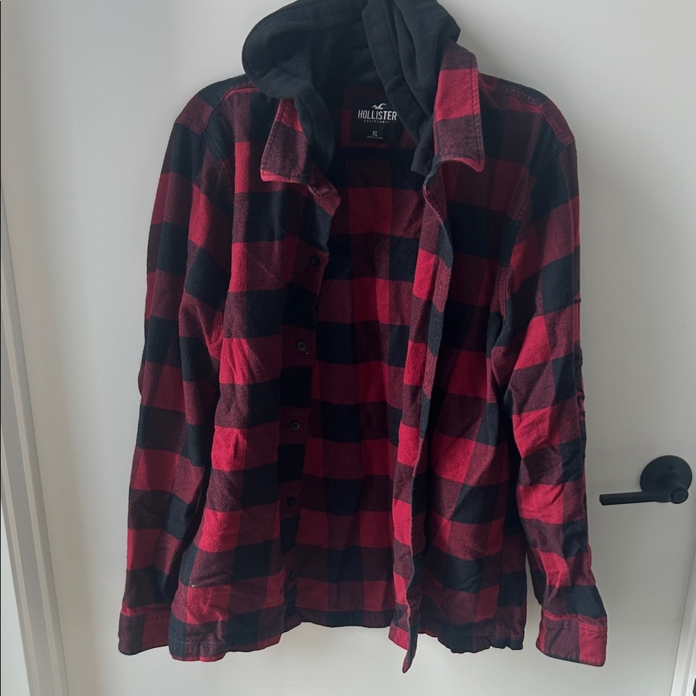 Hollister Red and Black Checkered Hoodie Jacket